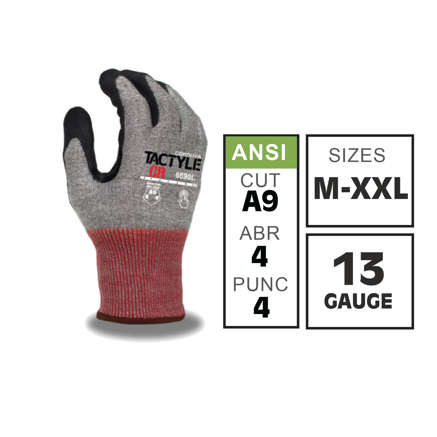 Cordova TACTYLE™ Gloves | Cut Level A9 | HPPE/Glass Shell Sandy