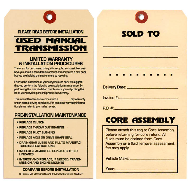 Maintenance Pre-Installation & Warranty Tags - Manual Transmission